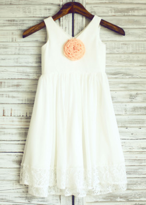V Neck Chiffon Darling Flower Girl Dress With Lace Trim